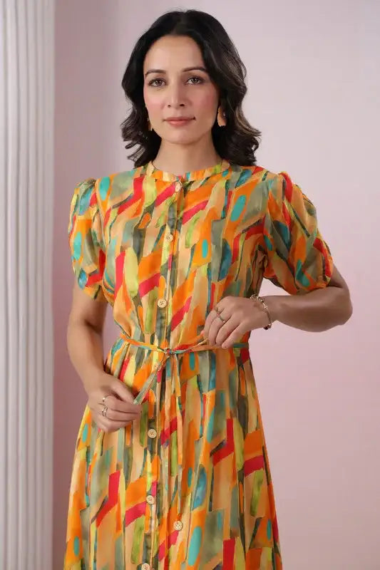 Abstract Bloom Button Russain Silk Dress