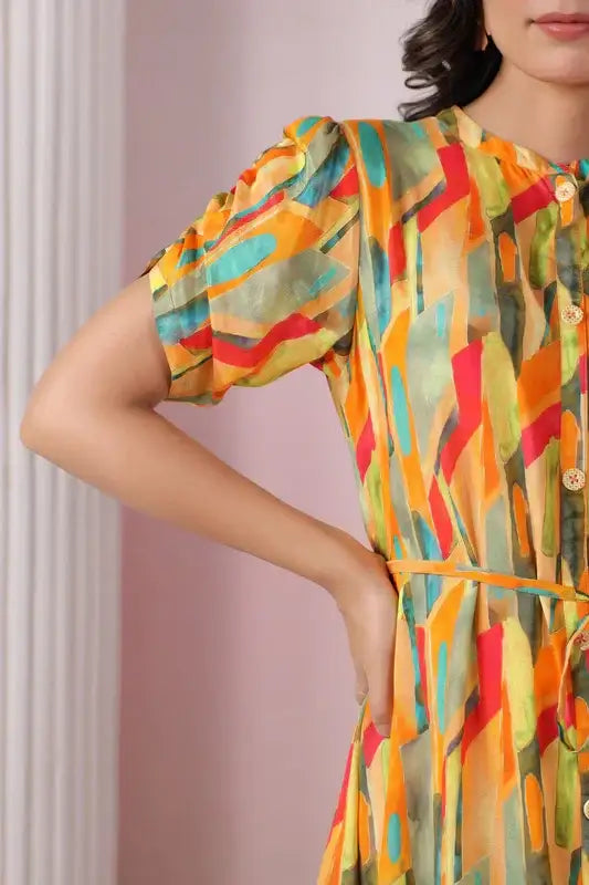 Abstract Bloom Button Russain Silk Dress