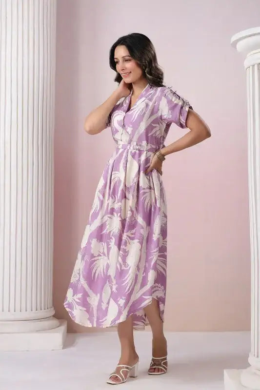 Elegant Lavender Floral Print Russian Silk Midi Dress