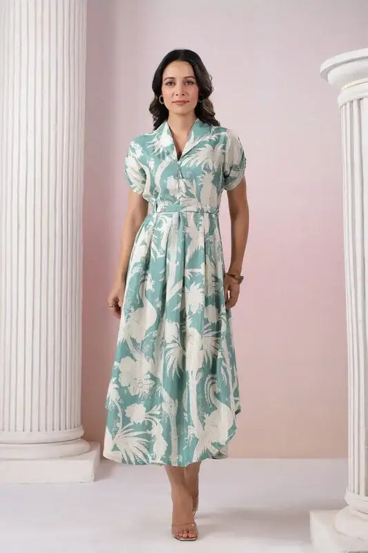 Elegant Pastel Green Leaf Print Midi Russian Silk Dress