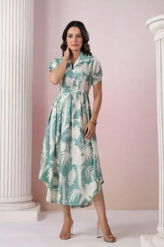 Elegant Pastel Green Leaf Print Midi Russian Silk Dress