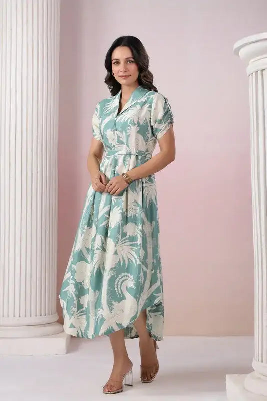 Elegant Pastel Green Leaf Print Midi Russian Silk Dress