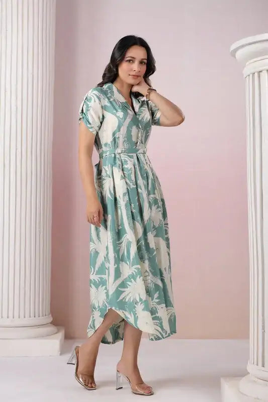 Elegant Pastel Green Leaf Print Midi Russian Silk Dress