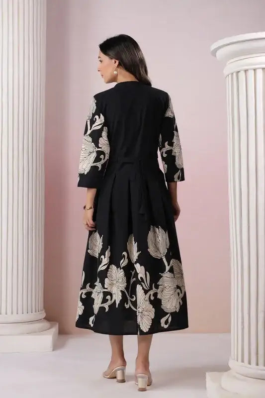 Blooming Lattice Russian Silk Black Dress