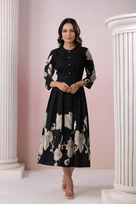 Blooming Lattice Russian Silk Black Dress