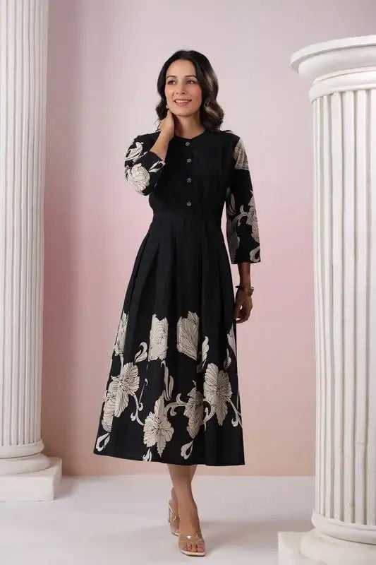 Blooming Lattice Russian Silk Black Dress