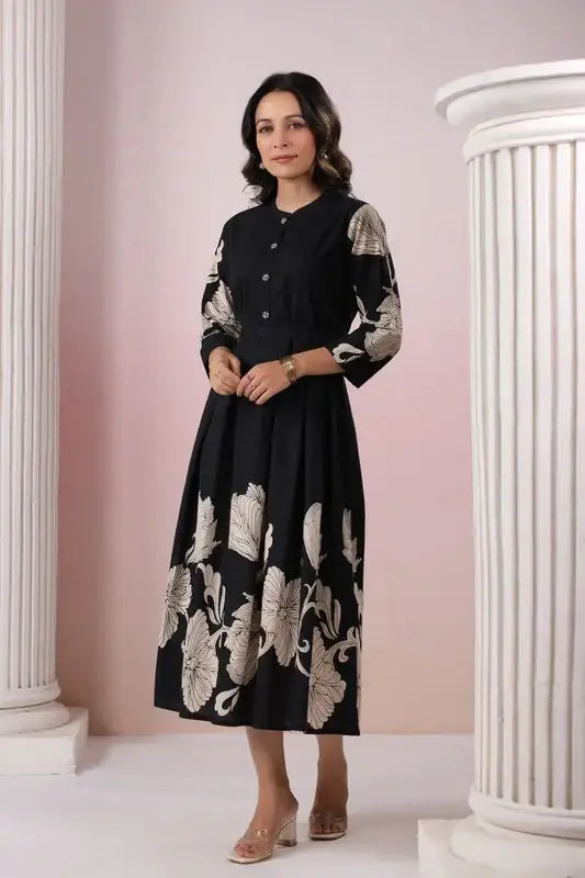 Blooming Lattice Russian Silk Black Dress