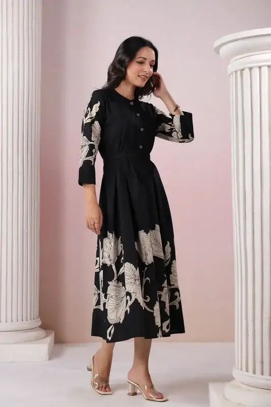 Blooming Lattice Russian Silk Black Dress