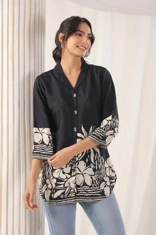 Noir Elegance Floral Print Russian Silk Top