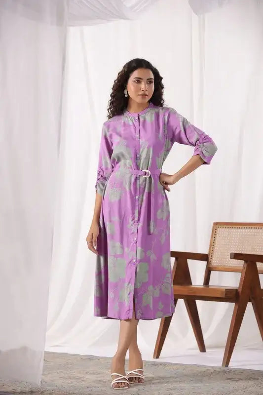 Lavender Leaf Belted Russian Silk Dress