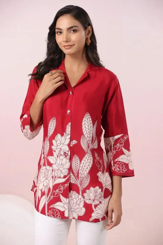 Red Floral Russian Silk Top