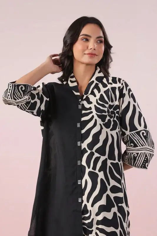Monochrome Swirl Black Printed Russian Silk Co-ord Set