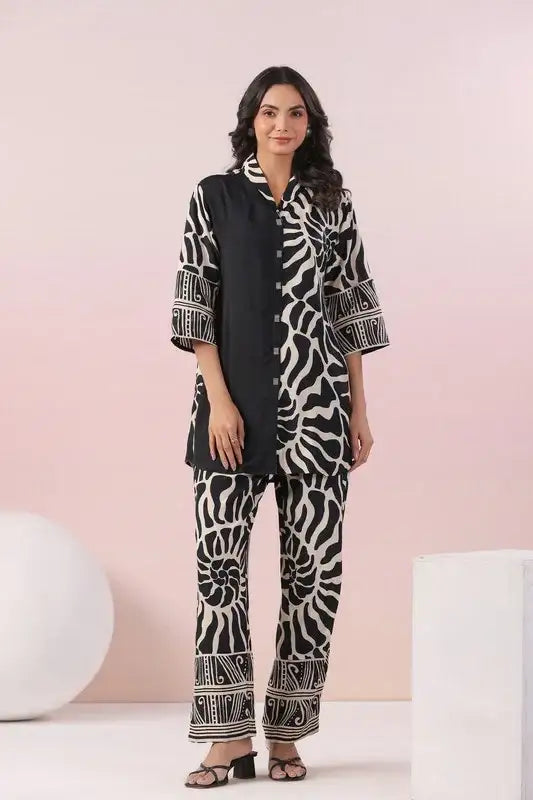 Monochrome Swirl Black Printed Russian Silk Co-ord Set