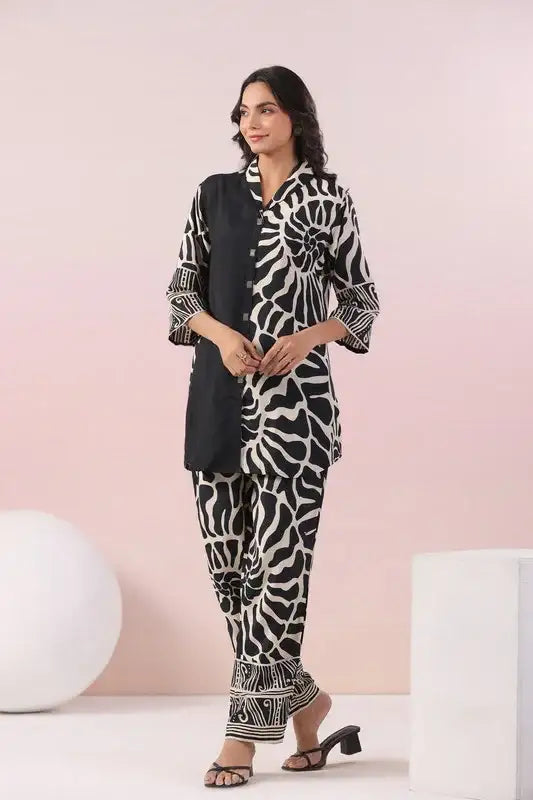 Monochrome Swirl Black Printed Russian Silk Co-ord Set