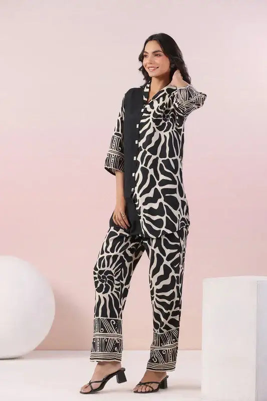 Monochrome Swirl Black Printed Russian Silk Co-ord Set
