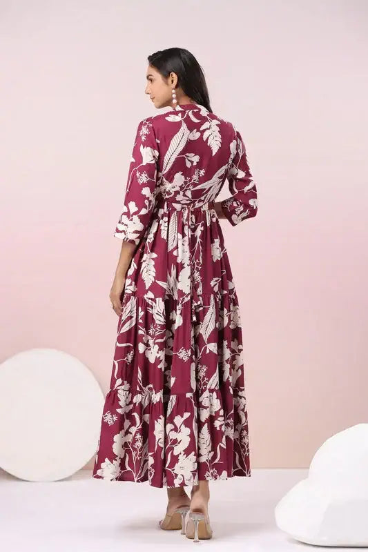 Elegant Wine Printed Maxi Russian Silk Dress