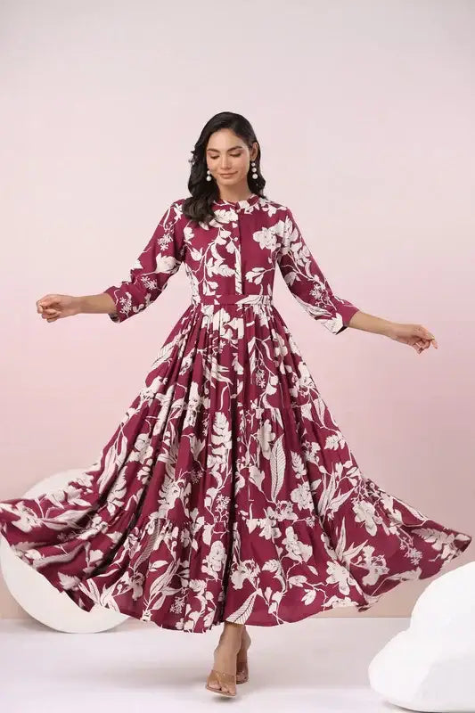 Elegant Wine Printed Maxi Russian Silk Dress