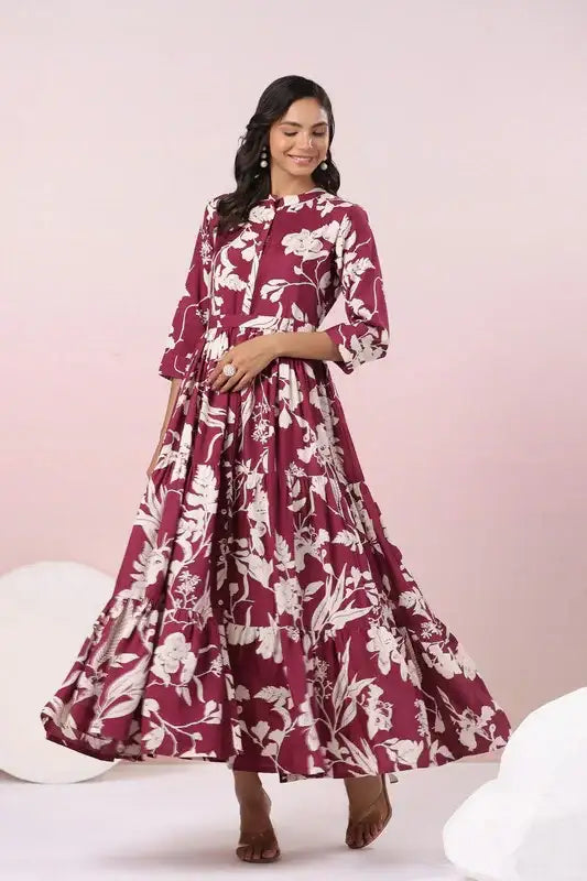 Elegant Wine Printed Maxi Russian Silk Dress