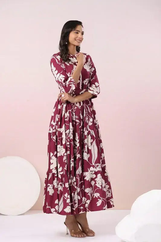Elegant Wine Printed Maxi Russian Silk Dress