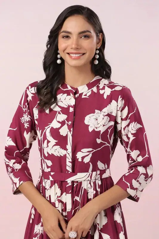 Elegant Wine Printed Maxi Russian Silk Dress