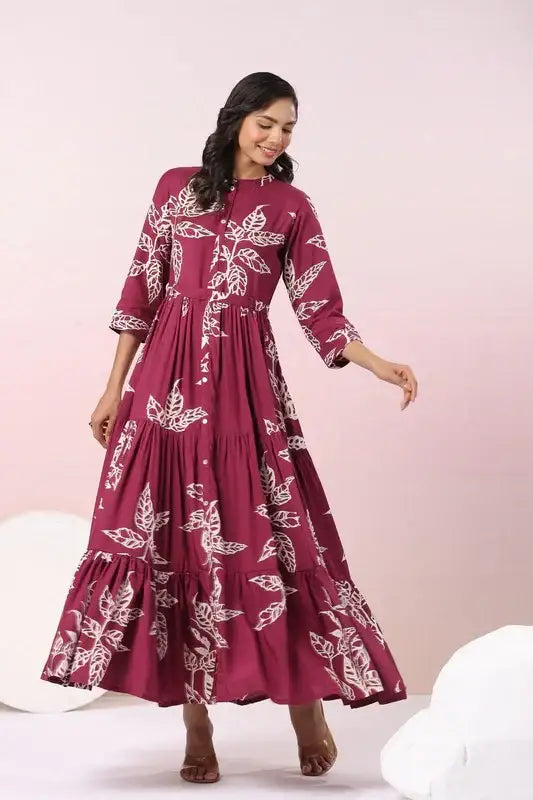 Wine Leafy Grace A Line Russian Silk Dress
