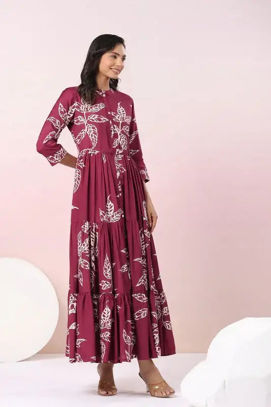 Wine Leafy Grace A Line Russian Silk Dress