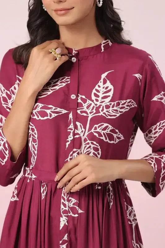 Wine Leafy Grace A Line Russian Silk Dress