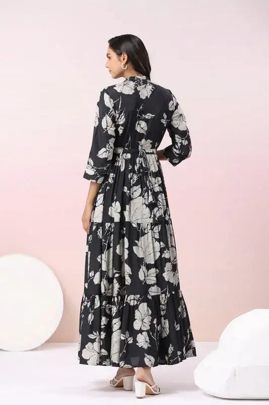 Midnight Blossom Maxi Noir Floral Dream Black Russian Silk Dress