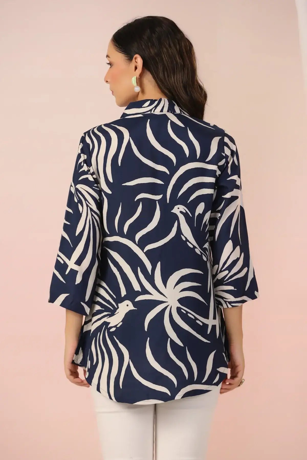 Navy Blue Serenity Leaf Bird Print Muslin Silk Shirt