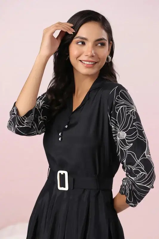 Elegant Floral Print Black Midi Russian Silk Dress