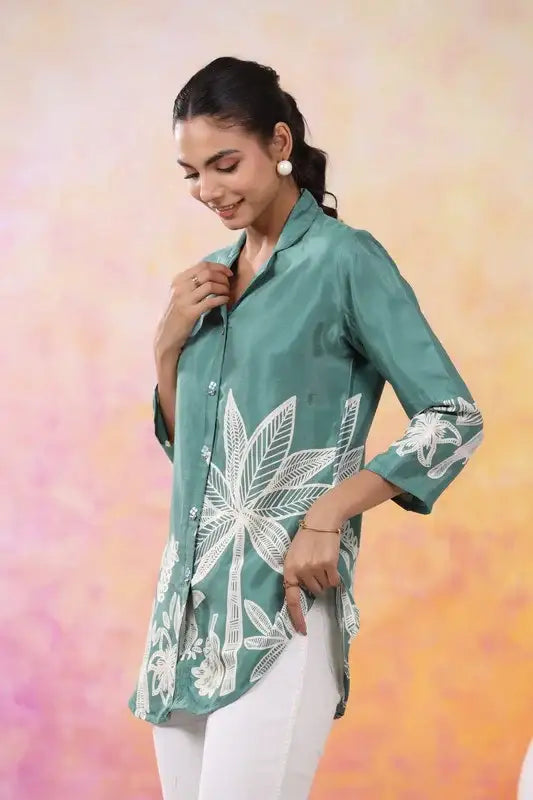 Tropical Jade Print Muslin Silk Shirt
