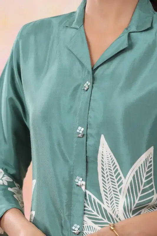 Tropical Jade Print Muslin Silk Shirt