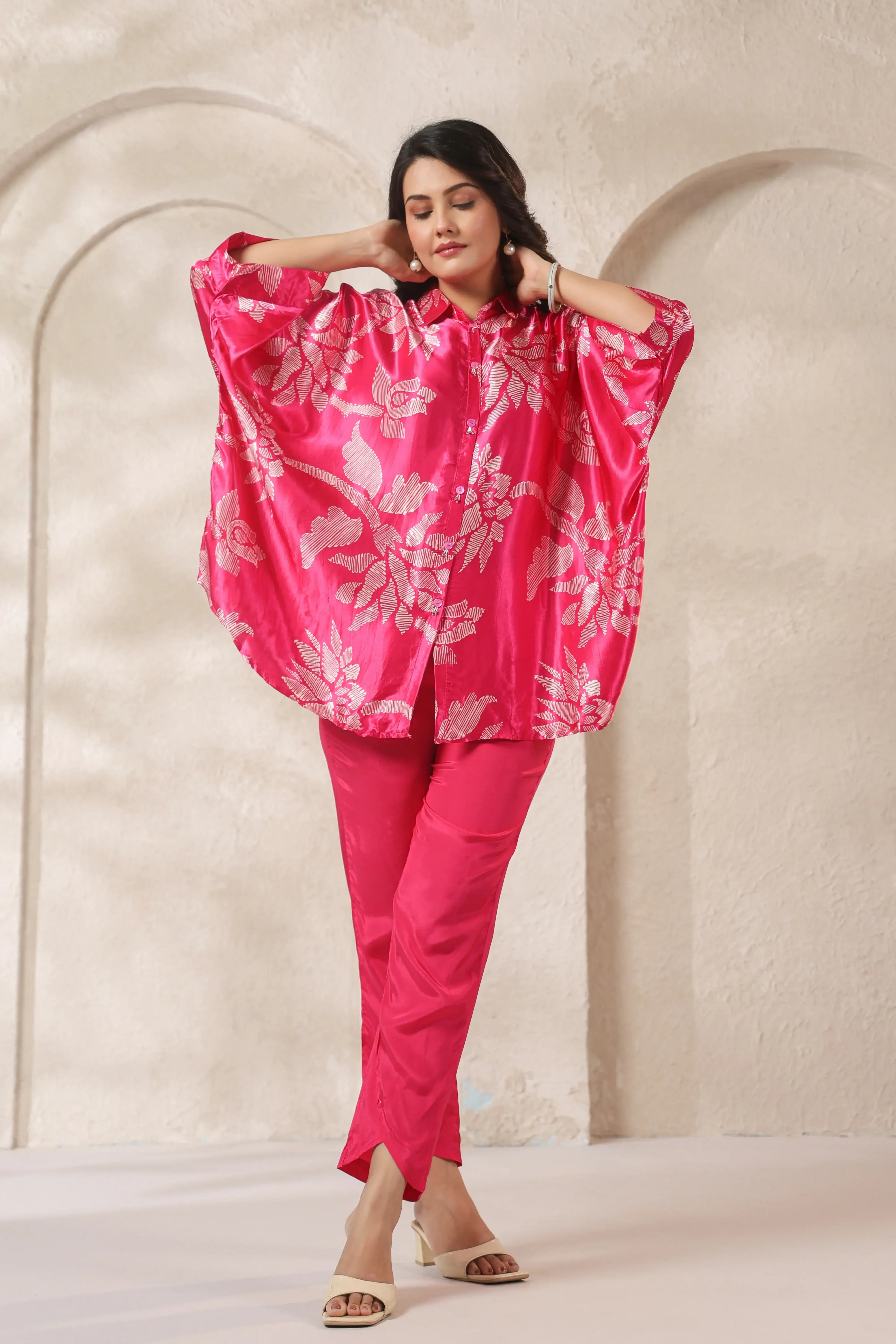 Pink Tropical Printed Russian Silk Co-ord Set