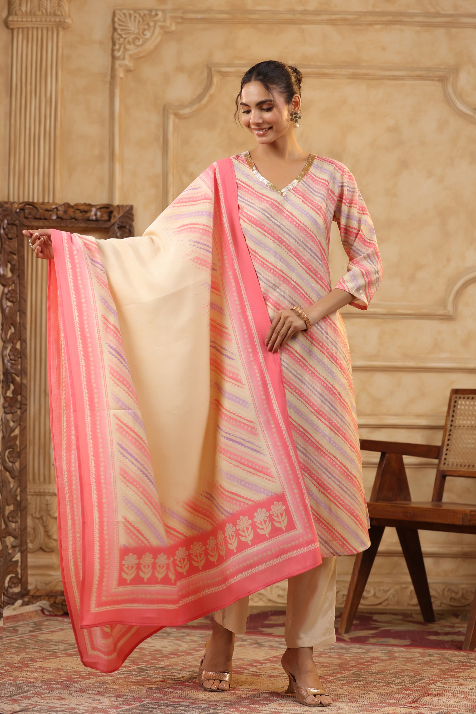 Blush Pink Diagonal Stripe Printed Russian Silk Kurta Pant Set with Dupatta