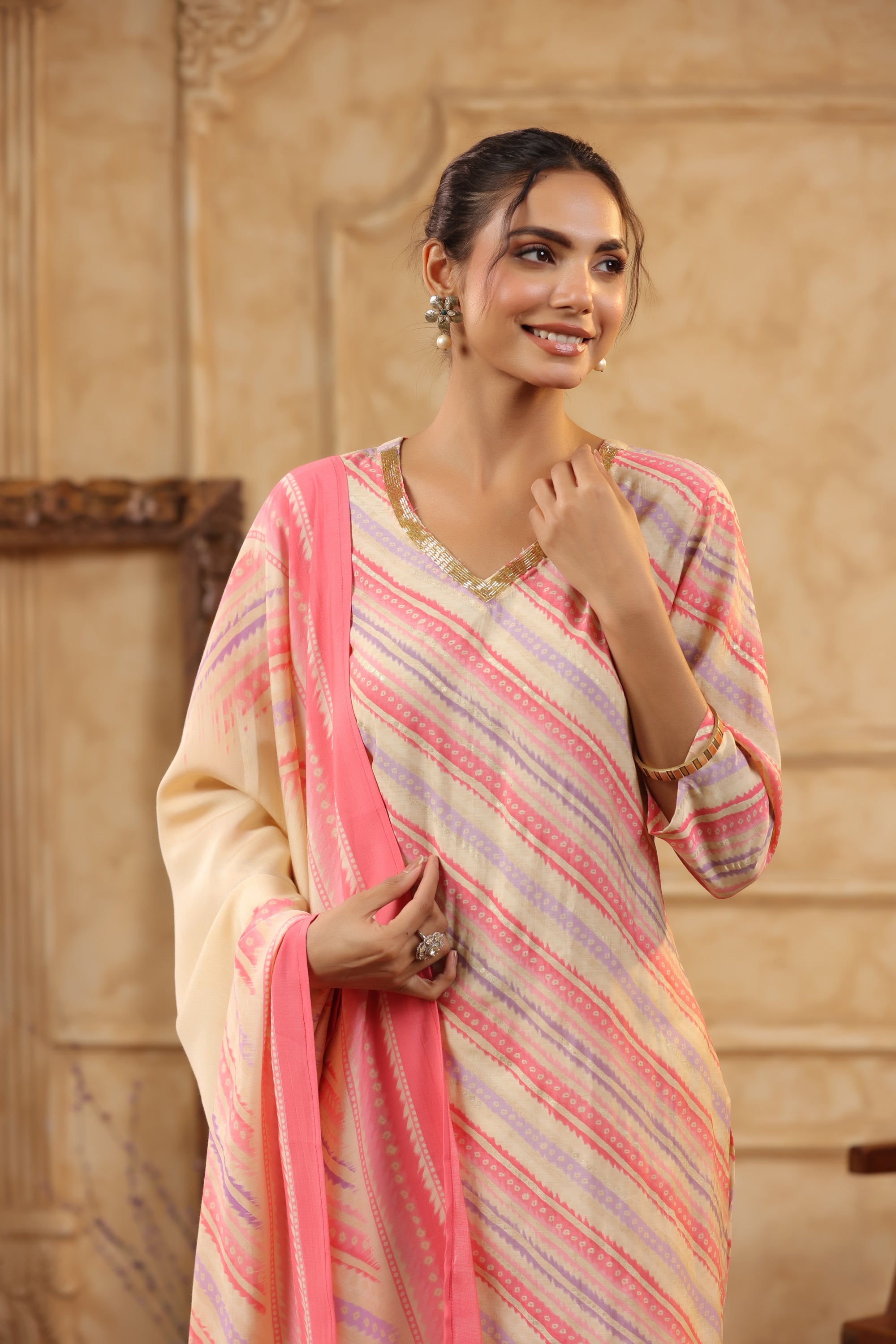 Blush Pink Diagonal Stripe Printed Russian Silk Kurta Pant Set with Dupatta