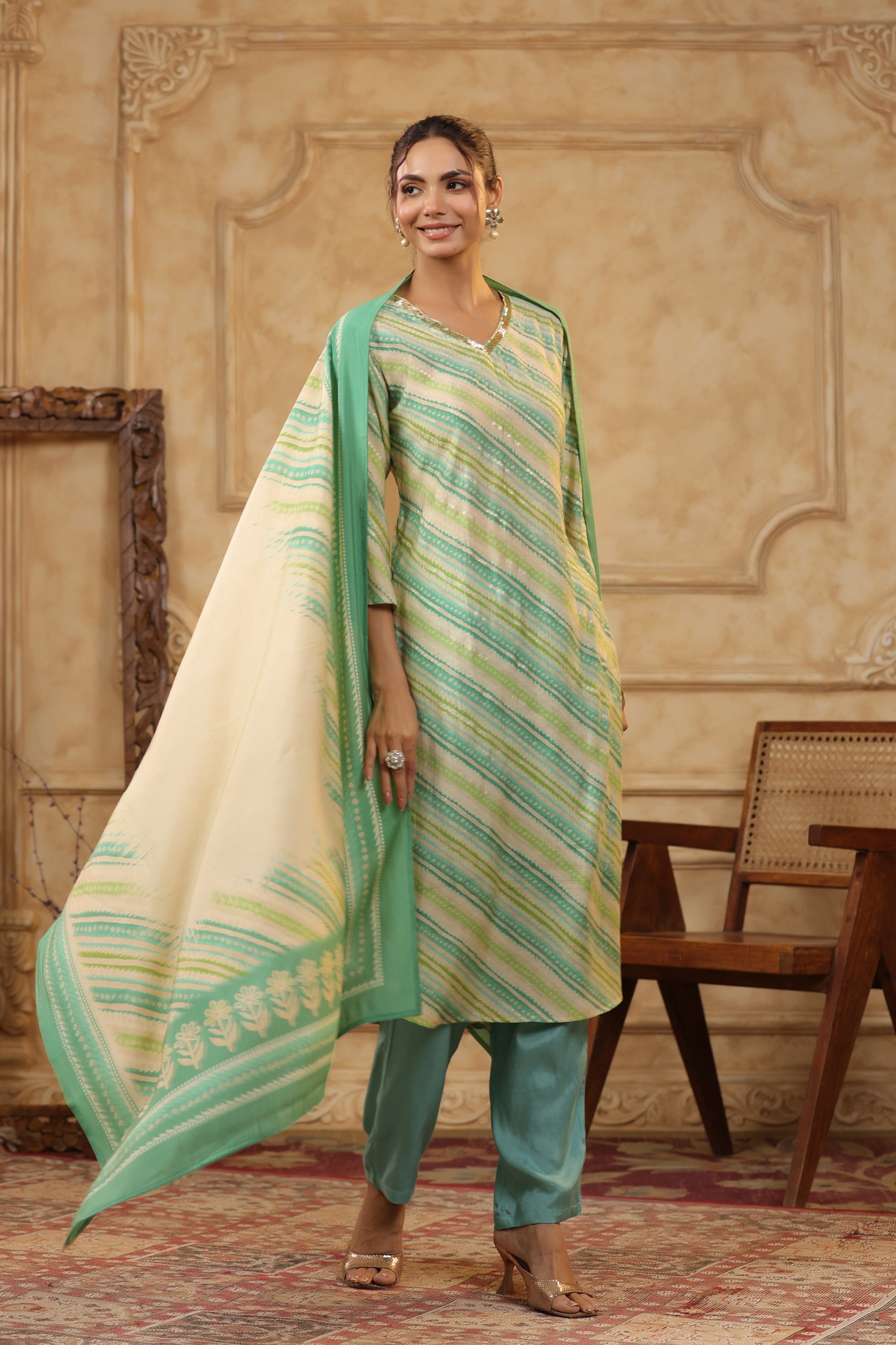 Green Leheriya Printed Russian Silk Straight Kurta Set with Dupatta