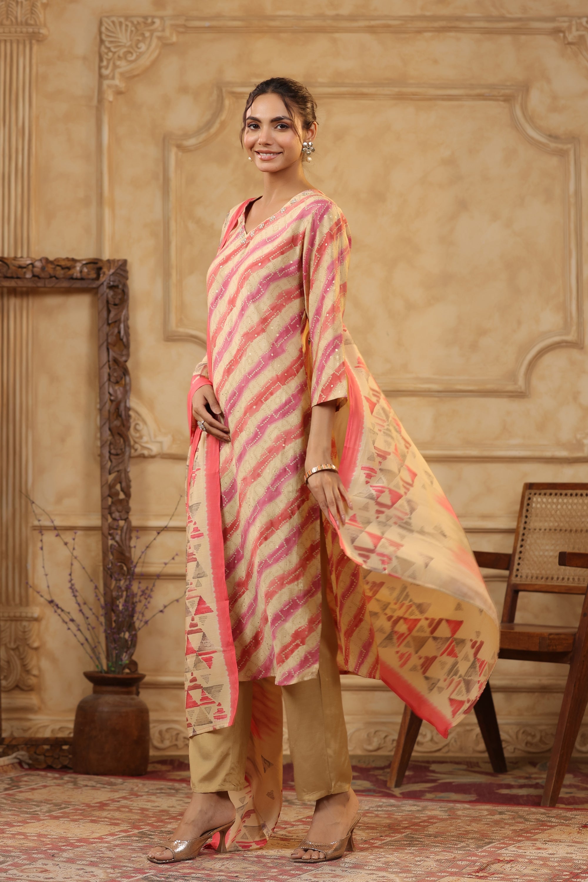 Multicolour Traditional Leheriya Printed Russian Kurta Pant Set with Dupatta