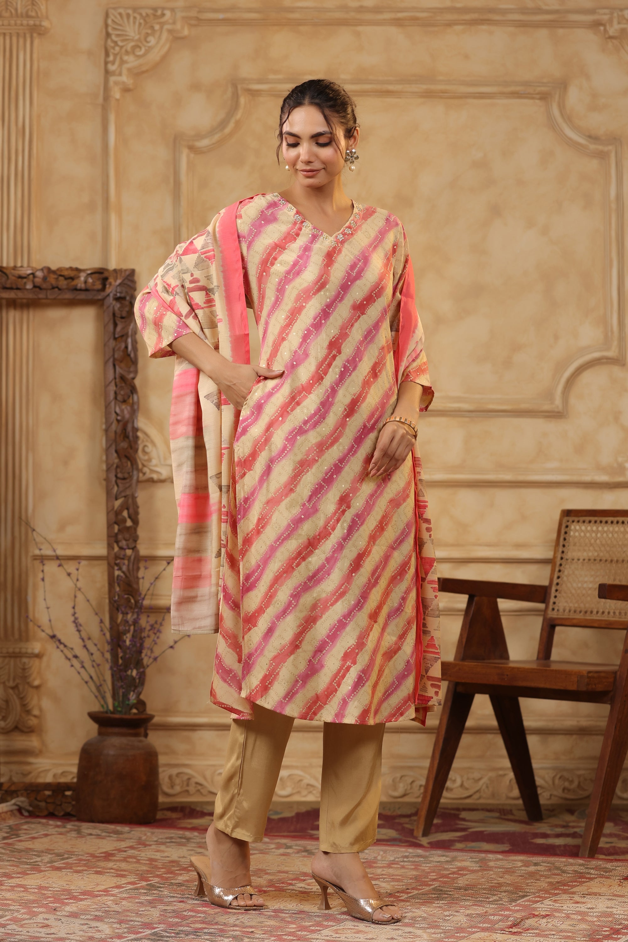 Multicolour Traditional Leheriya Printed Russian Kurta Pant Set with Dupatta