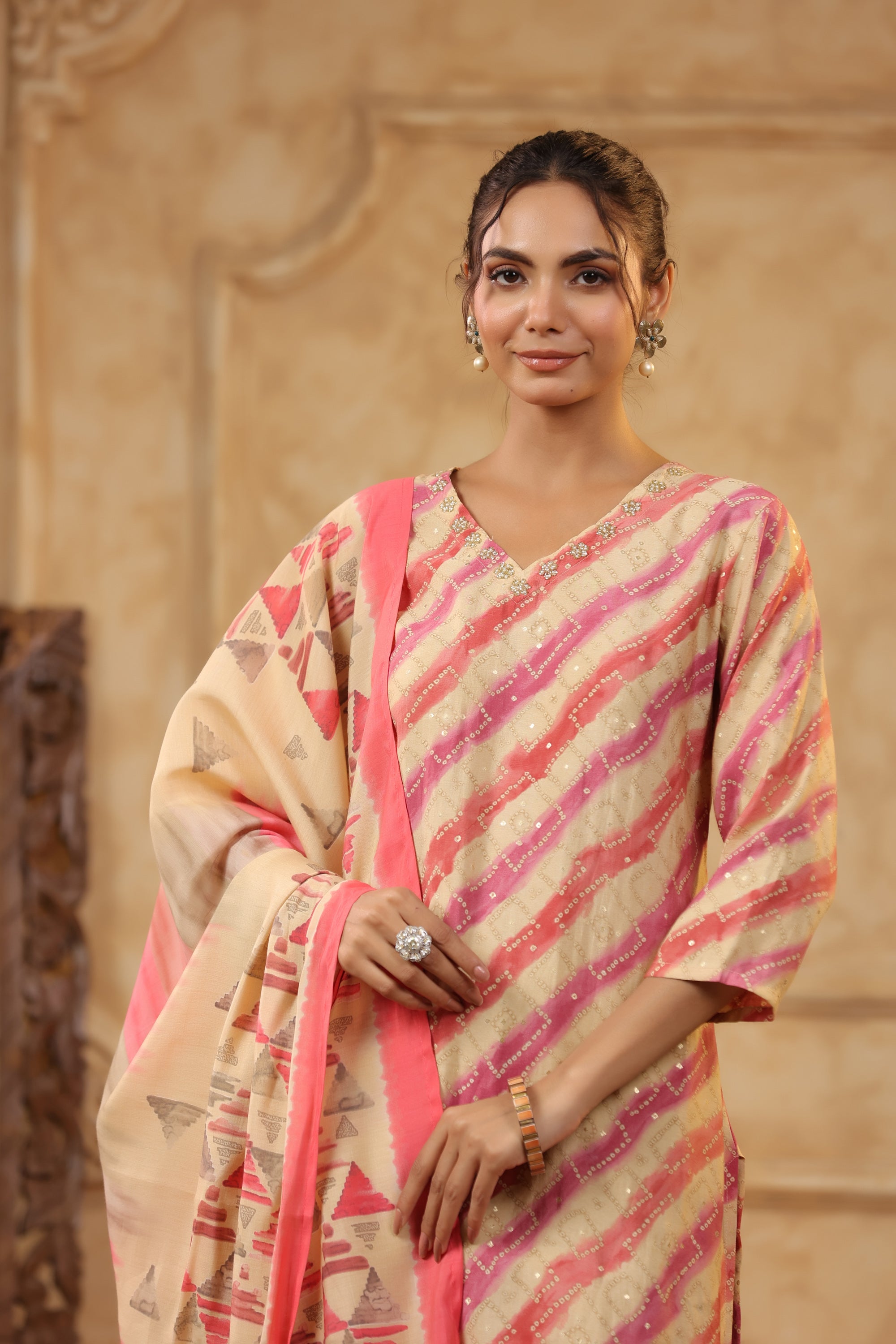 Multicolour Traditional Leheriya Printed Russian Kurta Pant Set with Dupatta