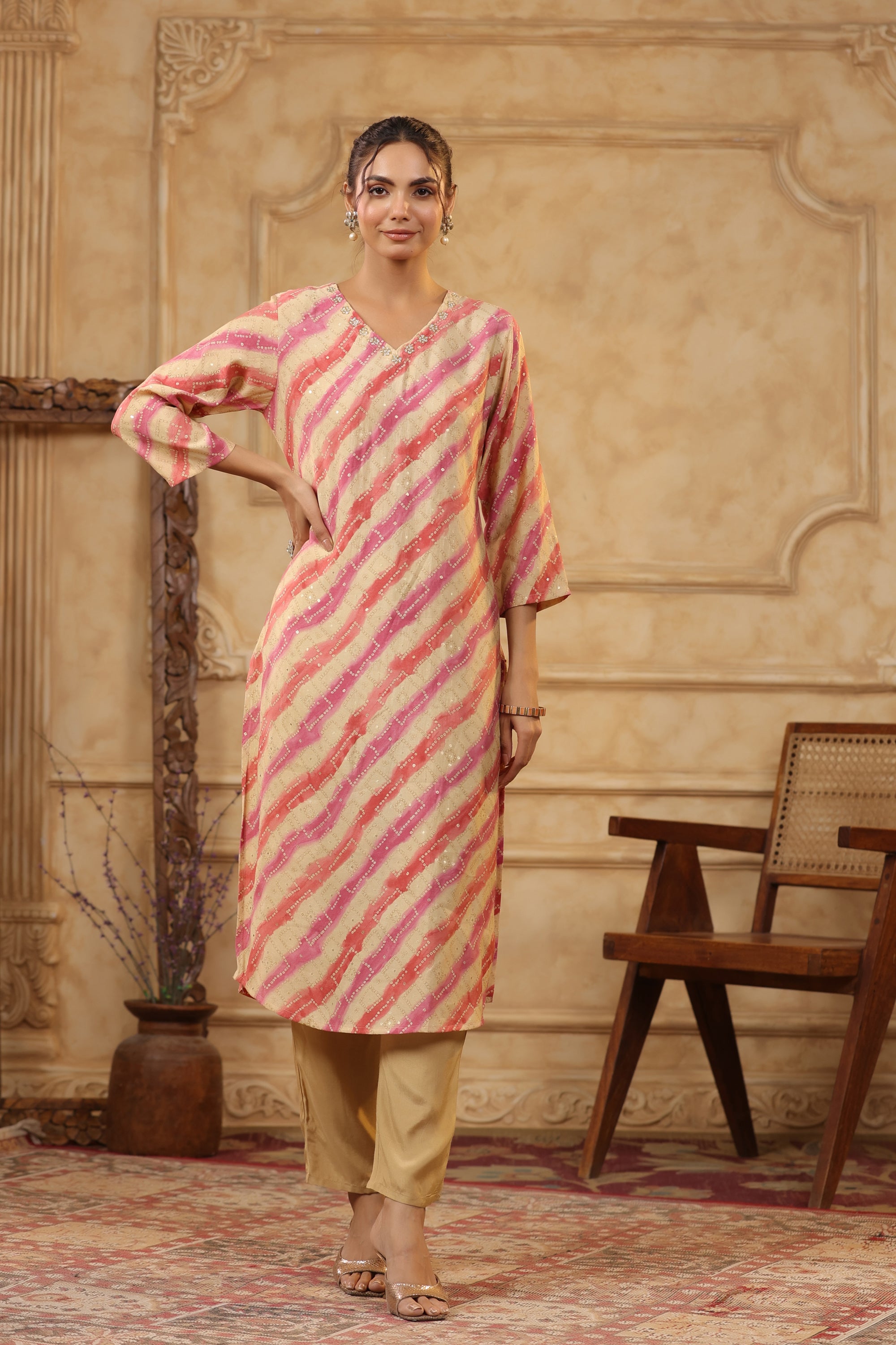 Multicolour Traditional Leheriya Printed Russian Kurta Pant Set with Dupatta