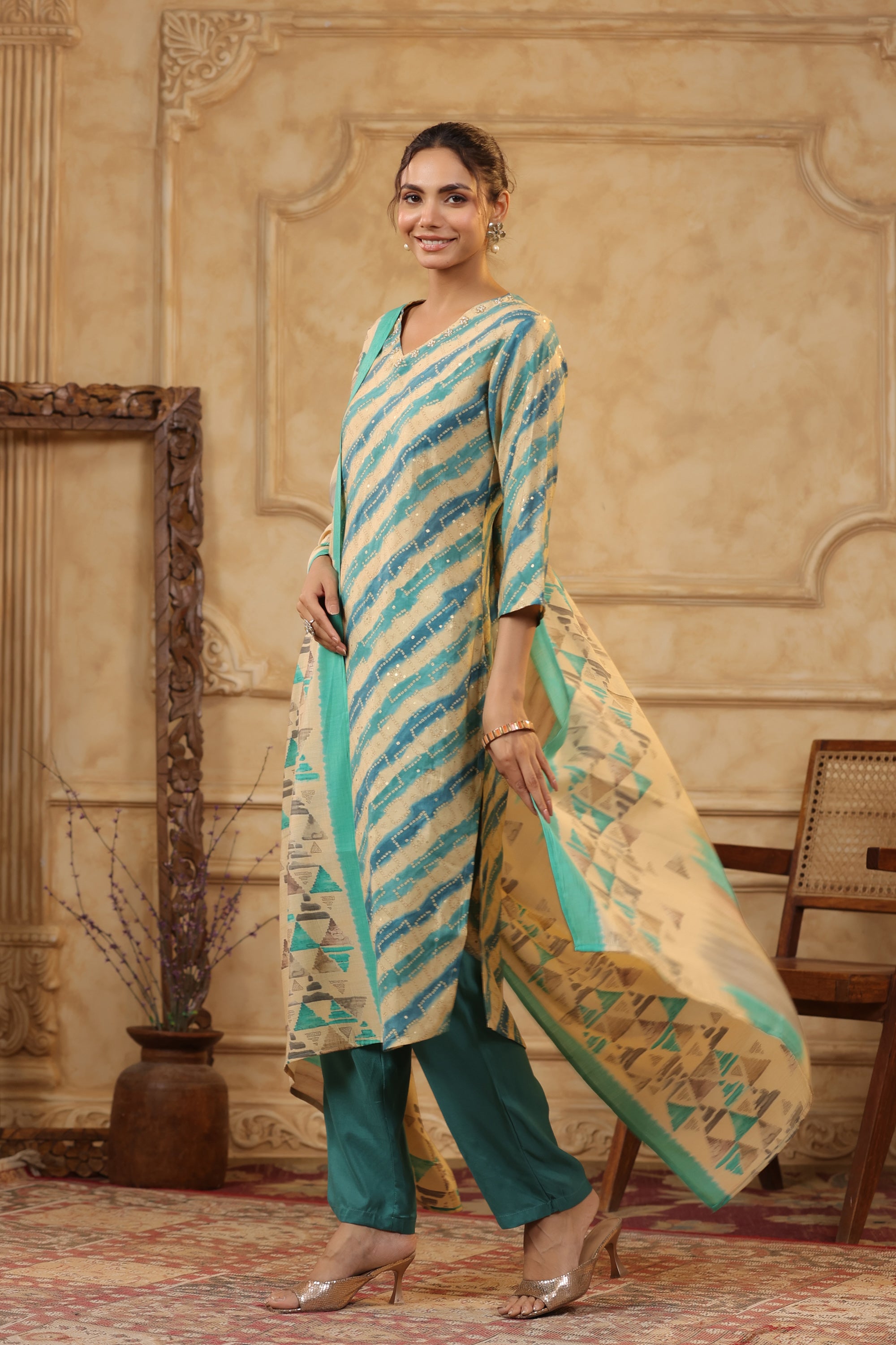 Multicolour Leheriya Printed Russian Silk Straight Kurta Set with Dupatta