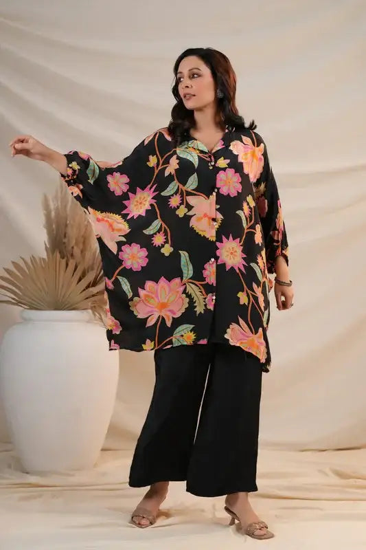 Black Floral Luxe Natural Crepe Russian Silk Co-ord Set