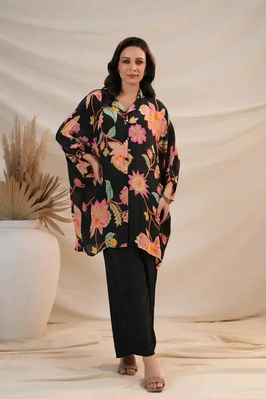 Black Floral Luxe Natural Crepe Russian Silk Co-ord Set