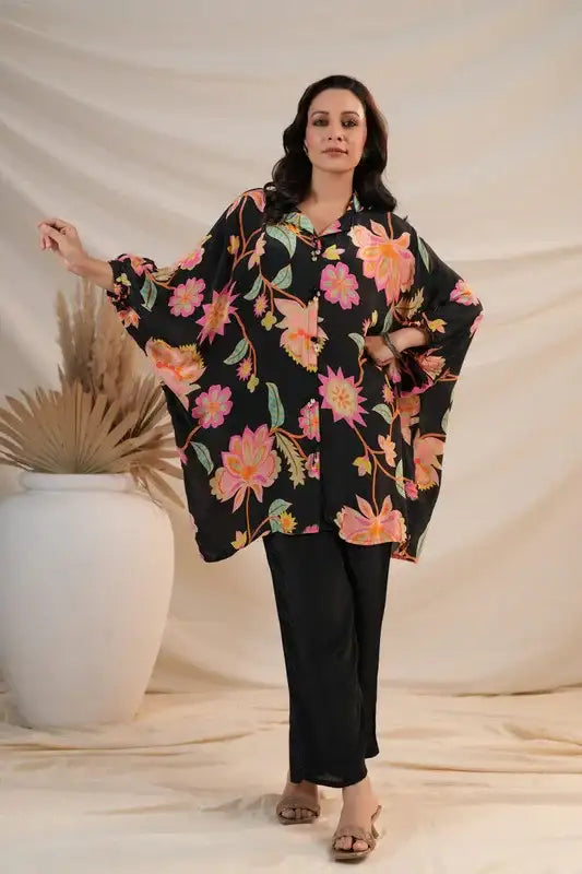 Black Floral Luxe Natural Crepe Russian Silk Co-ord Set