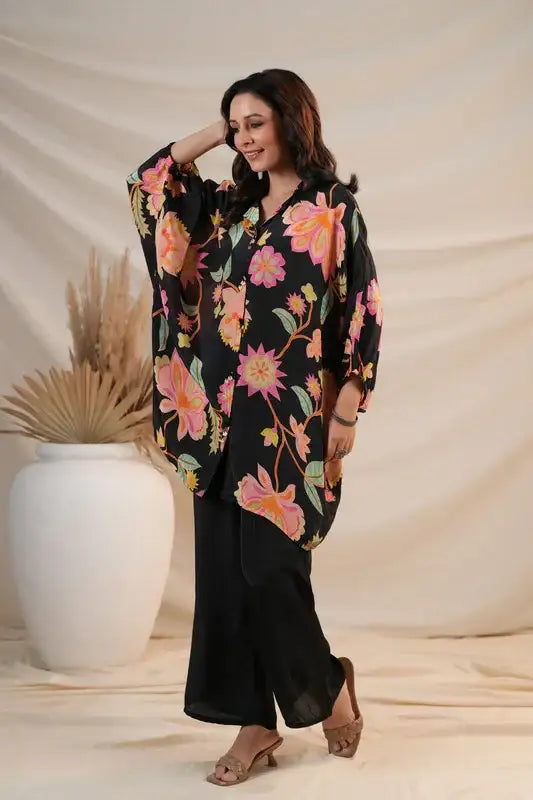 Black Floral Luxe Natural Crepe Russian Silk Co-ord Set