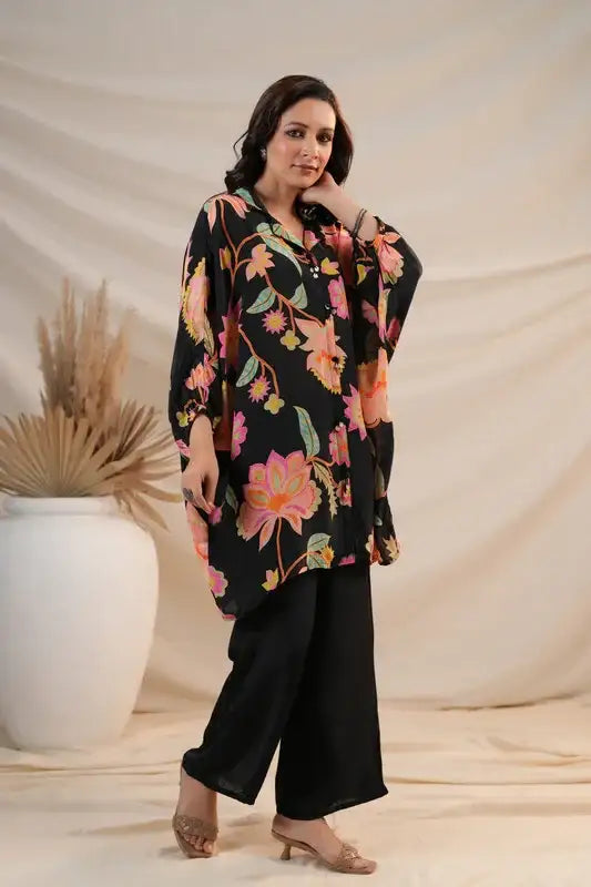 Black Floral Luxe Natural Crepe Russian Silk Co-ord Set