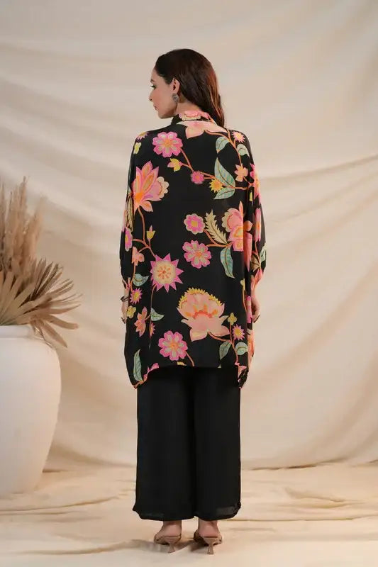 Black Floral Luxe Natural Crepe Russian Silk Co-ord Set