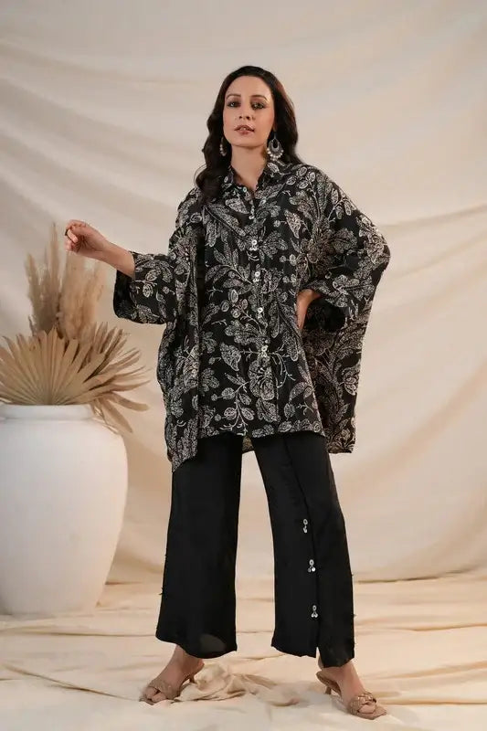 Black Botanical Luxe Natural Crepe Russian Co-ord Set