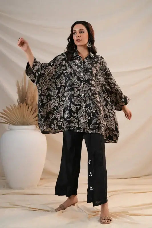 Black Botanical Luxe Natural Crepe Russian Co-ord Set