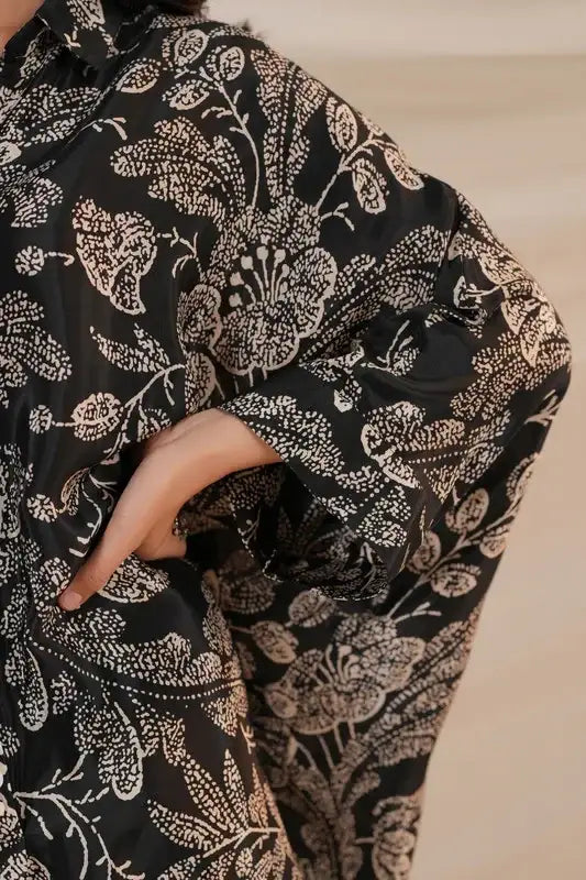 Black Botanical Luxe Natural Crepe Russian Co-ord Set